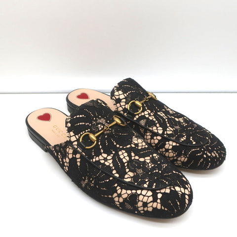 Gucci Princetown Horsebit Loafer Mules Black Lace Size 39