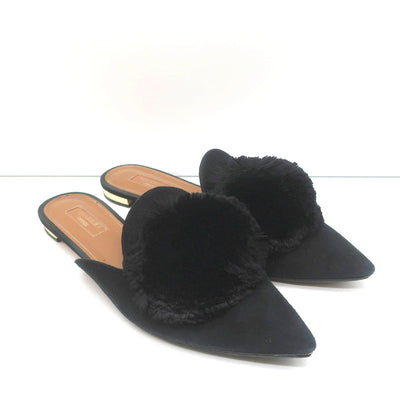 Aquazzura Powder Puff Pom Pom Mules Black Suede Size 38.5 Pointed Toe Flats
