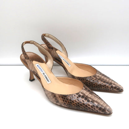 Manolo Blahnik Carolyne Slingback Pumps Brown Snakeskin Size 38.5 Pointed Toe