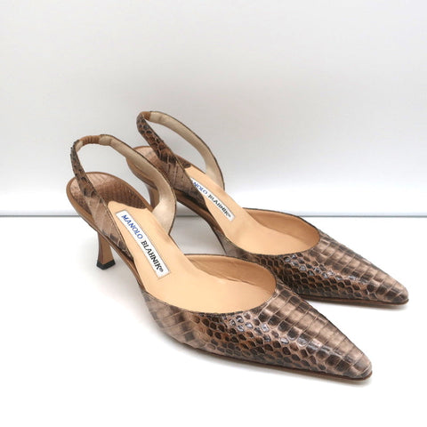 Manolo Blahnik Carolyne Slingback Pumps Brown Snakeskin Size 38.5 Pointed Toe