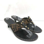 Fendi Zucca Thong Sandals Brown with Black Leather Size 36.5 Kitten Heel Slides