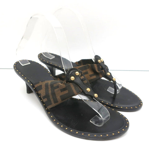 Fendi Zucca Thong Sandals Brown with Black Leather Size 36.5 Kitten Heel Slides