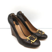Chloe Buckle Wedge Pumps Dark Brown Leather Size 40