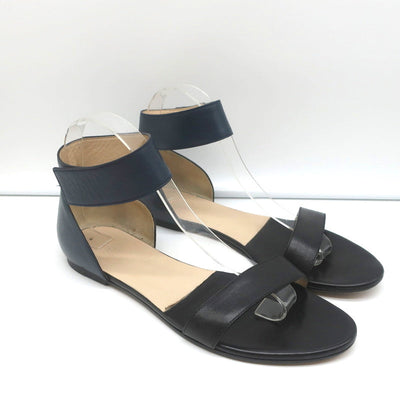 Chloe Ankle Strap Sandals Taffy Black/Blue Bicolor Leather Size 39 Open Toe Flat
