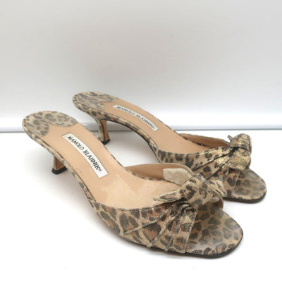 Manolo Blahnik Knot Slide Sandals Metallic Leopard Print Size 39.5 Kitten Heel